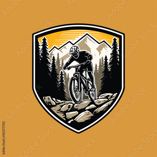 Adventure vector logo of a white man doing downhill cycling across rugged terrain, with pine forest and high mountain backdrop. Shield frame in flat black, white, and yellow. Freeride MTB energy.