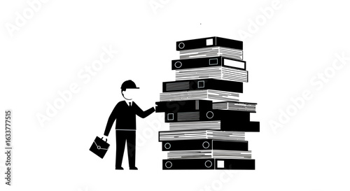 A minimalist vector of a tiny worker overwhelmed by tall stacks of paper folders, representing heavy workload in the office