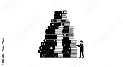 A minimalist vector of a tiny worker overwhelmed by tall stacks of paper folders, representing heavy workload in the office