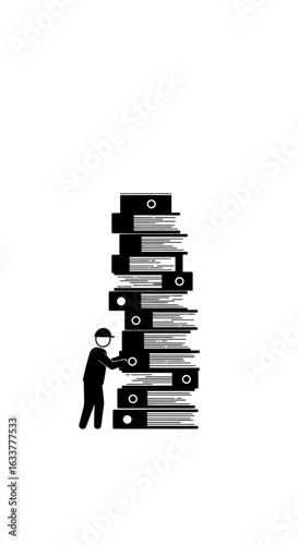 A minimalist vector of a tiny worker overwhelmed by tall stacks of paper folders, representing heavy workload in the office