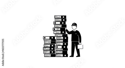 A minimalist vector of a tiny worker overwhelmed by tall stacks of paper folders, representing heavy workload in the office