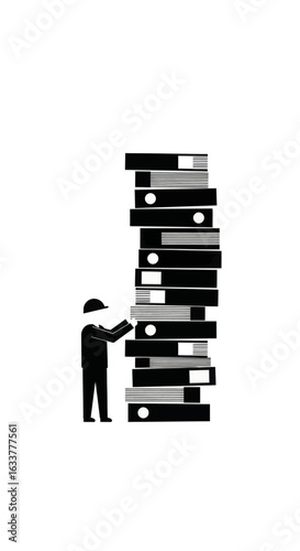 A minimalist vector of a tiny worker overwhelmed by tall stacks of paper folders, representing heavy workload in the office