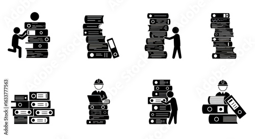 A minimalist vector of a tiny worker overwhelmed by tall stacks of paper folders, representing heavy workload in the office