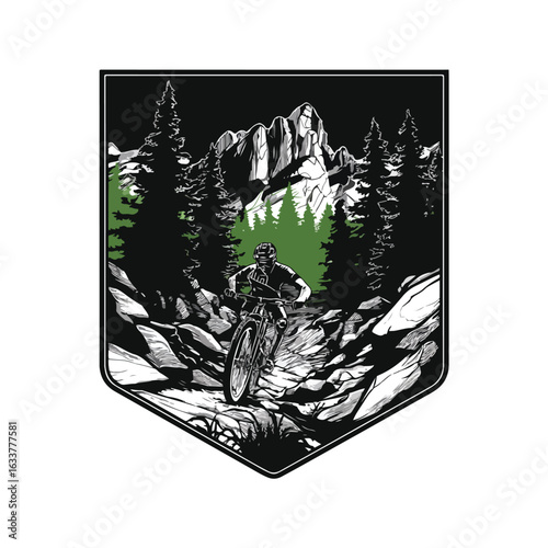 Adventure vector logo of a white man doing downhill cycling across rugged terrain, with pine forest and high mountain backdrop. Shield frame in flat black, white, and yellow. Freeride MTB energy.