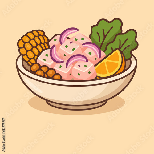 Ceviche illustration in flat modern style with traditional Peruvian ingredients