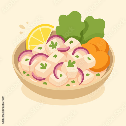 Ceviche illustration in flat modern style with traditional Peruvian ingredients