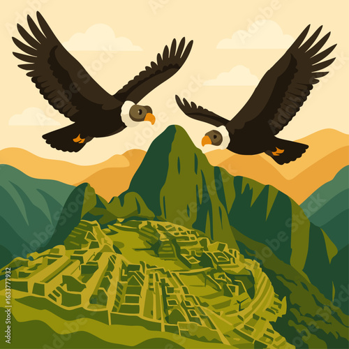 Condor flying over Machu Picchu with mountains in the background
