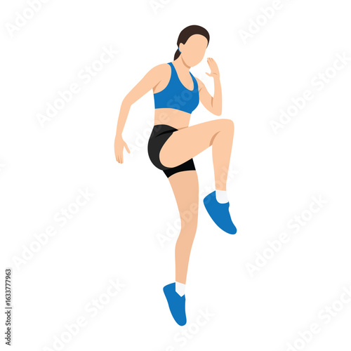 Woman performs a high knee workout, lifting her leg toward her chest in a dynamic cardio. Flat vector illustration isolated on white background