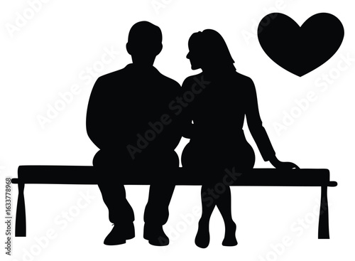 Romantic Couple Silhouette Sitting on Park Bench with Heart
