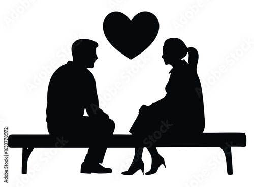 Couple Silhouette Sitting and Talking with Heart Symbol