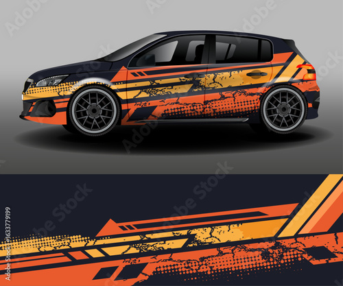 Vector design of car sticker. Set of graphic abstract orange and yellow torn stripes and halftones for cars, rally, racing cars.