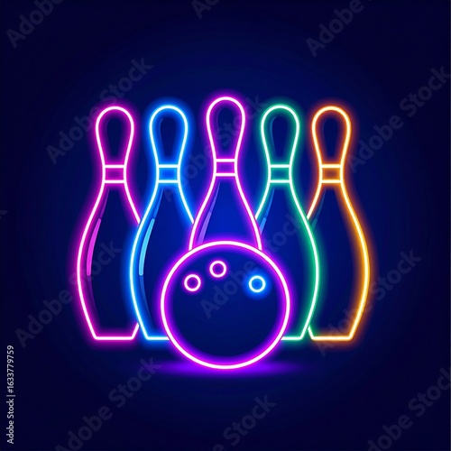 Neon bowling pins and ball on dark background