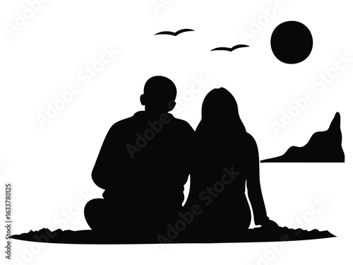 Silhouette Couple Sitting and Watching Sunset