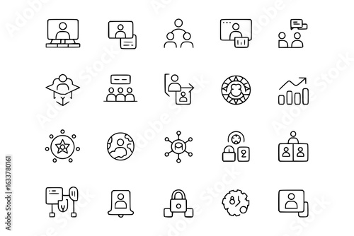 Business Collaboration Icon Set: Vector Line Art of Video Calls, Teamwork, Global Networking, Security, Data Analysis, Leadership. Simple line drawings of people, charts, locks, and communication symb
