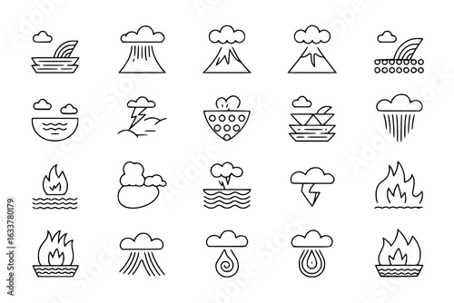 Natural disaster line icon set: volcanoes, tsunamis, floods, fires, earthquakes, rain, lightning, clouds, and hail. Monochrome vector illustration collection for safety and emergency preparedness grap
