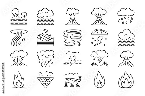 Monochrome vector icon set of 20 natural disaster symbols. Volcanoes, floods, rain, lightning, fire, landslides, tsunamis, earthquakes, drought, and other climate change effects are represented in a s