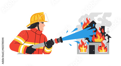 A brave firefighter in protective gear sprays a powerful stream of water to extinguish a house engulfed in dangerous flames.