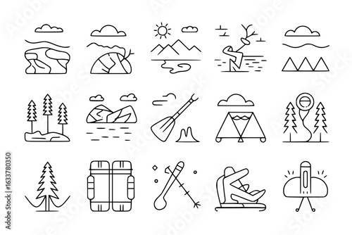 Wallpaper Mural Monochrome outdoor adventure icon set: landscapes, trees, tent, paddle, skis, sled, snowshoes, zipline, and abstract symbols. Minimalist line art vector illustrations for travel, camping, hiking, and  Torontodigital.ca