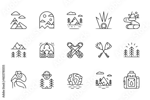 Monochrome vector outdoor adventure icon set: mountains, trees, tent, skis, paddles, backpack, campfire, hiker, river, earth, clouds. Line art travel, camping, and exploration design elements. Simple 