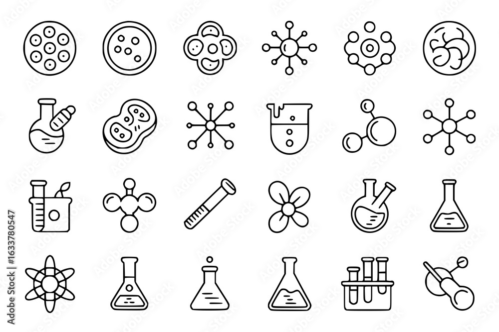 Fototapeta premium Science lab vector icon set with beakers, test tubes, petri dishes, molecules, atoms, and scientific instruments. Black and white line art illustration collection for educational or research design pr