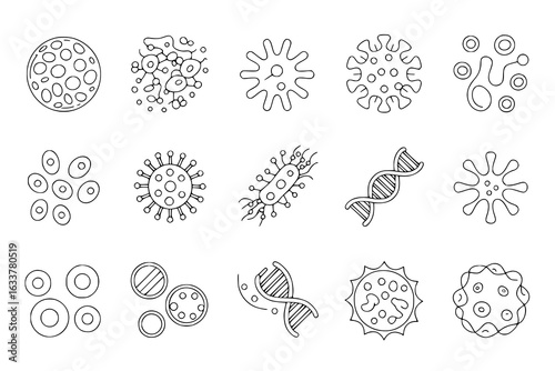 Biology cell line icon set with microbes, viruses, bacteria, DNA and other microbiology elements. Monochrome vector illustrations for educational, scientific and medical designs. Simple, linear biolog