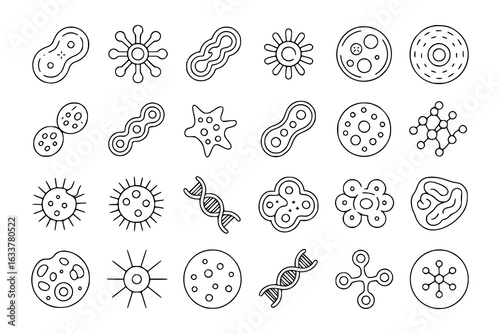 Biology cell icon set. Monochrome line art vector illustration collection of microbes, viruses, bacteria, DNA and microorganisms for science and education. Simple linear design elements.