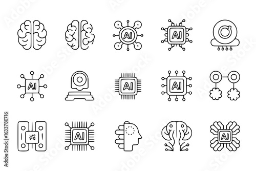 AI Technology Icon Set: Brains, chips, circuits, cloud, camera. Monochrome line art vector illustrations of artificial intelligence concepts - machine learning, deep learning, neural networks, big dat