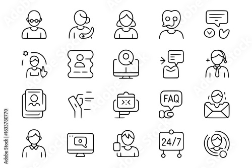Customer service icon set. Vector line art illustrations of support, contact, feedback, FAQ, 24/7 assistance, online chat, email, and user profiles. Monochrome design elements for website, app UI, and