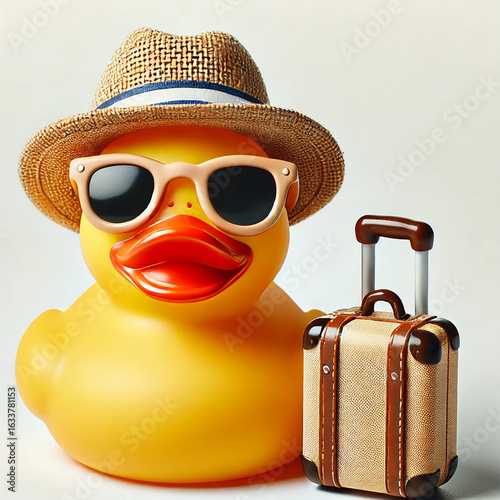 Yellow rubber duck with a rolling suitcase, sunglasses, and hat, vacation moves
