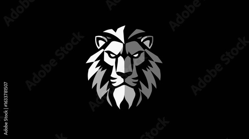 A stylized grayscale lion's head, fierce and majestic, against a black background.