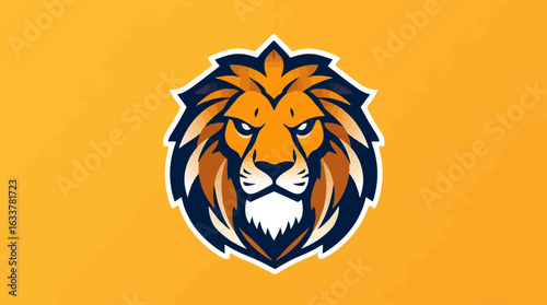 A stylized lion head with a fierce expression against a yellow background.