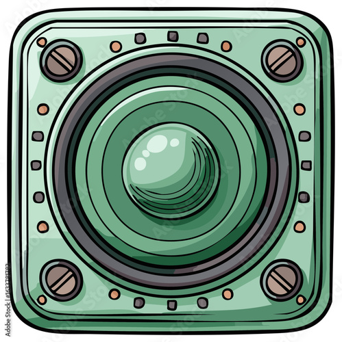 Cartoon style retro audio device with a prominent central speaker cone and industrial metal screw details