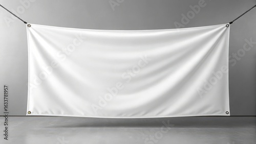 Plain white banner hanging against a textured wall isolated on white background