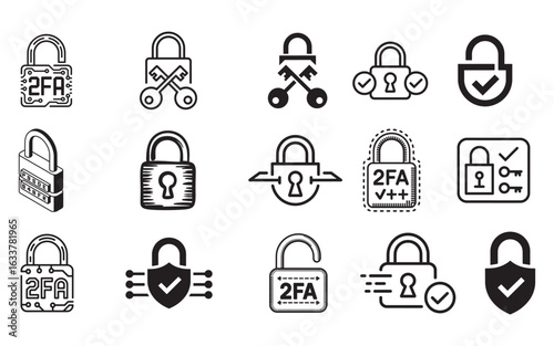 Security lock icons with keys and checkmarks padlock authentication
