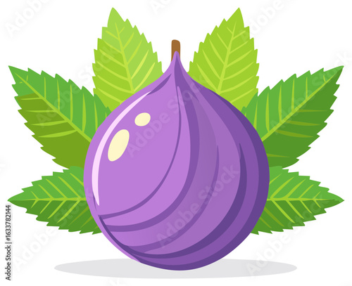 Stylized purple fig fruit illustration with green leaves on a white background