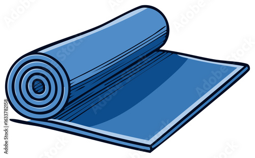 Rolled blue yoga mat illustration for exercise or physical activity, fitness studio training equipment or home workout tool