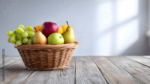 Wallpaper Mural Fresh assorted fruits in a woven basket placed on a rustic wooden table, showcasing vibrant colors and textures, creating a warm and inviting atmosphere for healthy living Torontodigital.ca