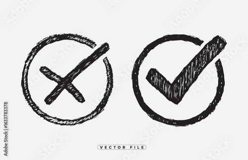 Accept or decline with doodle style checkmark and cross mark showing decisions and choices