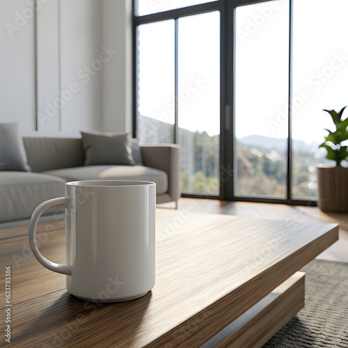 White mug on wooden coffee table in bright living room