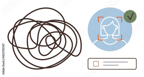 Tangled lines depict confusion, transitioning to a verified user profile with face recognition and approval checkmark. Ideal for identity verification, AI, decision-making, security, progress, user
