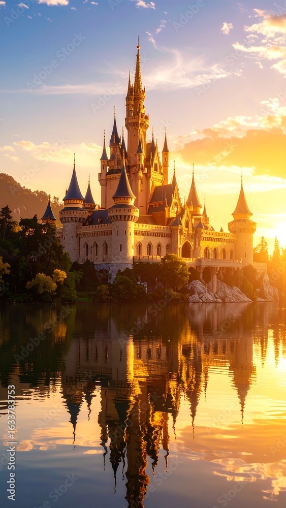 Fototapeta premium Majestic castle reflected in calm water at sunset
