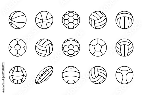 Sport ball line art icon collection - basketball, soccer ball, volleyball, rugby ball, football, and other sports balls. Minimalist vector graphic set with black outlines on white background. Design e