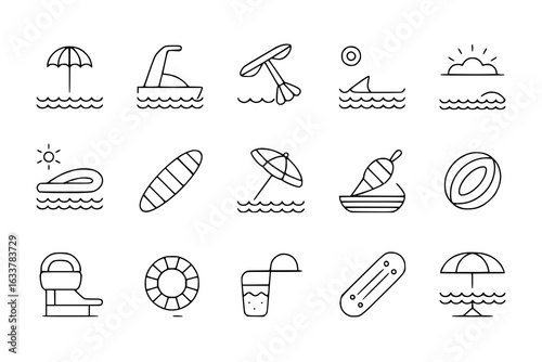 Summer water sports minimalist line icon collection: beach umbrella, jet ski, waterskiing, shark fin, sun, waves, float, surfboard, sailboat, beach ball, lifeguard chair, lifebuoy, drink, kickboard. V