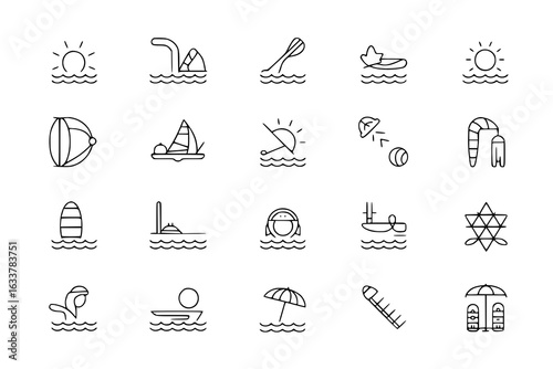 Summer water sports thin line icon collection: sun, waves, swimming, sailboat, diving, surfing, paddleboarding, kayaking, snorkeling, waterskiing, beach umbrella, flip-flops, beach ball. Vector illust
