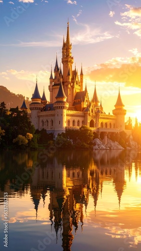 Majestic castle reflected in calm water at sunset