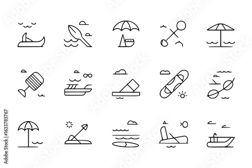 Summer water sports minimalist line icon collection: boat, paddle board, umbrella, beach ball, diving, surfing, swimming, yacht, sailboat, jet ski, waterskiing. Vector illustration set, simple black o