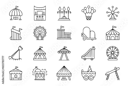 Amusement park vector icon set: Ferris wheels, carousels, tents, roller coasters, slides, carnival games, food stalls, and other attractions. Simple black line drawings on white background. Funfair de