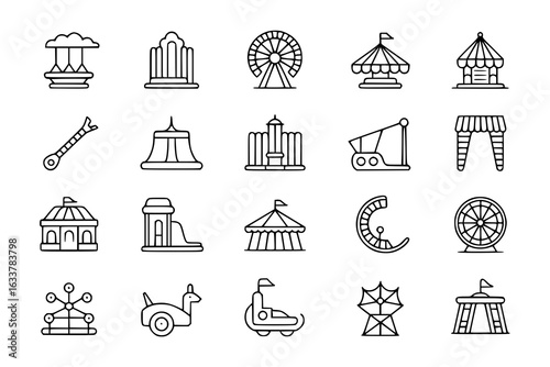 Amusement park vector icon set: Ferris wheels, carousels, rollercoasters, tents, bouncy castles, slides, bumper cars, swing rides, and other attractions. Simple black line drawings on white - entertai