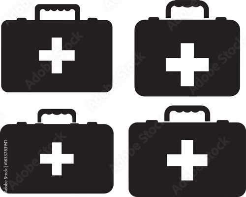 Four black first aid kit icons with white cross silhouette