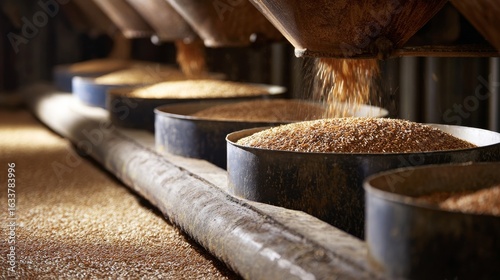 A grain silo with a conveyor belt that is filled with grain